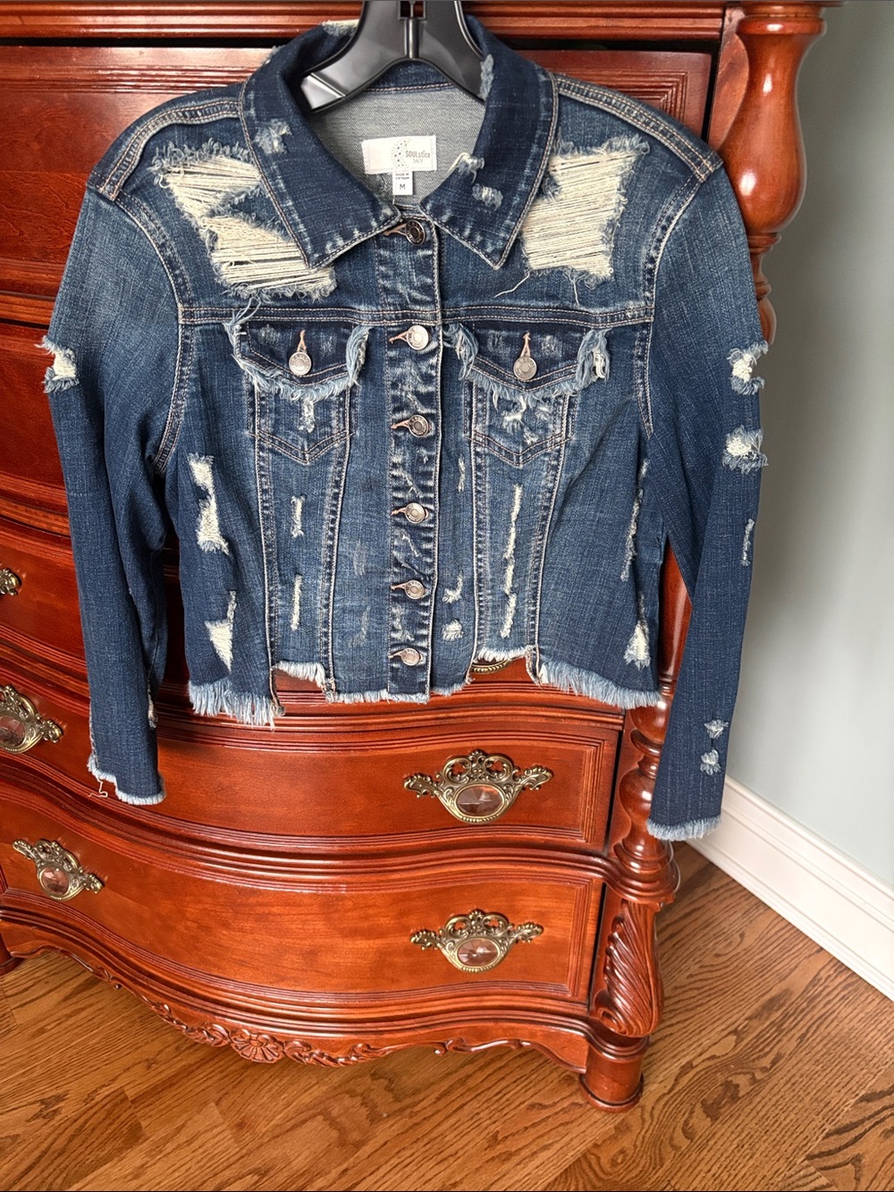 Soulstice Sky Dark Blue Distressed Denim Jacket with Frayed Hem ~ one-of-a-kind